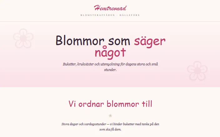Skärmdump av Blomsteraffären Hemtrevnads hemsida