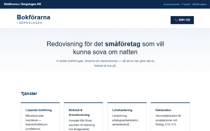 Skärmdump av Bokförarna i Bergslagen ABs hemsida