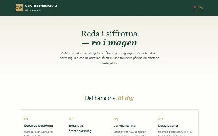 Skärmdump av CVK Redovisnings hemsida