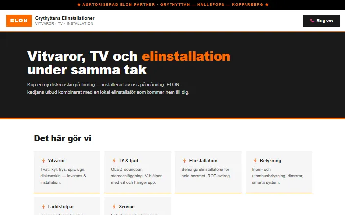 Skärmdump av ELON Grythyttans Elinstallationers hemsida