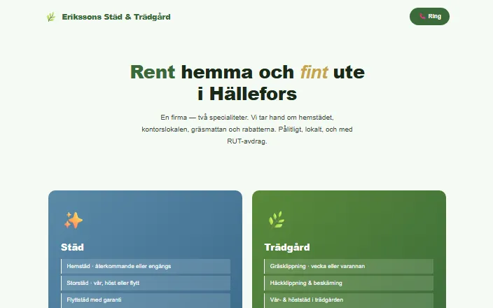Skärmdump av Erikssons Städ & Trädgårds hemsida