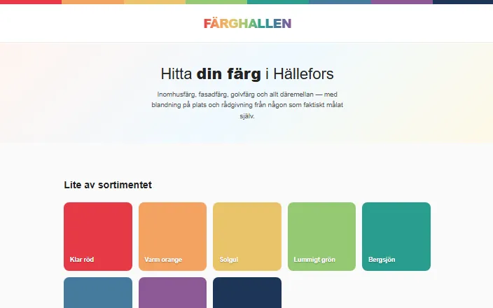 Skärmdump av Färghallen i Hälleforss hemsida