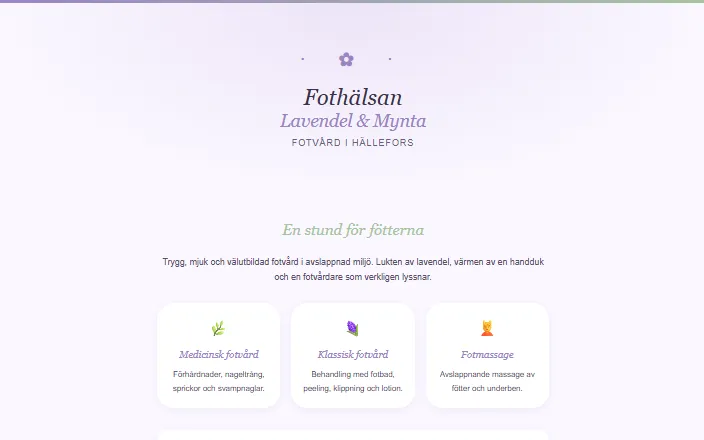 Skärmdump av Fothälsan Lavendel & Myntas hemsida
