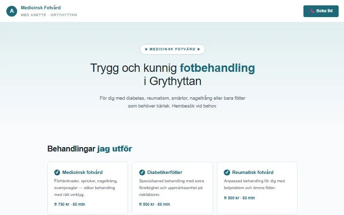 Skärmdump av Medicinsk Fotvård med Anettes hemsida