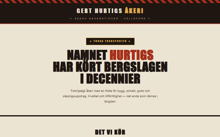 Skärmdump av Gert Hurtigs Åkeri ABs hemsida
