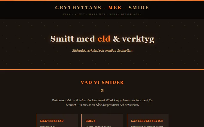 Skärmdump av Grythyttans Mek & Smides hemsida