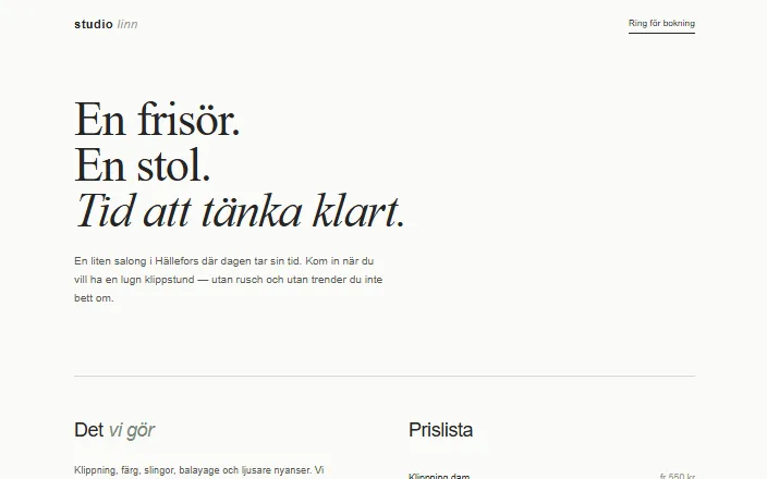 Skärmdump av Studio Linns hemsida