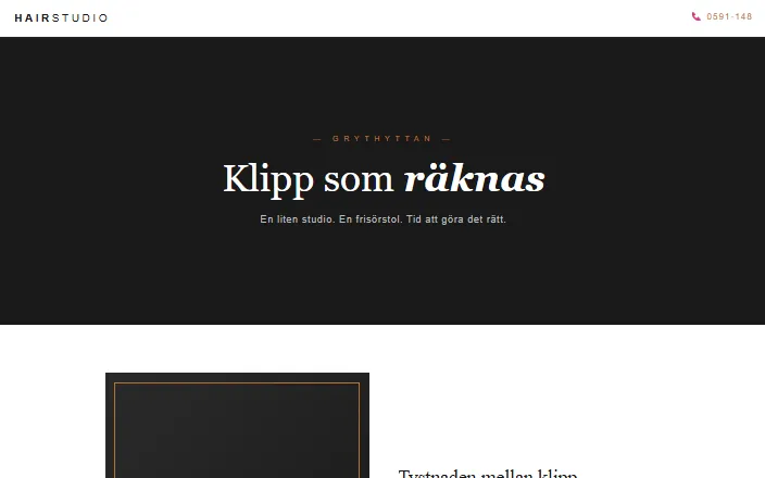 Skärmdump av Hairstudios hemsida
