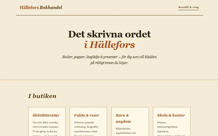 Skärmdump av Hällefors Bokhandels hemsida