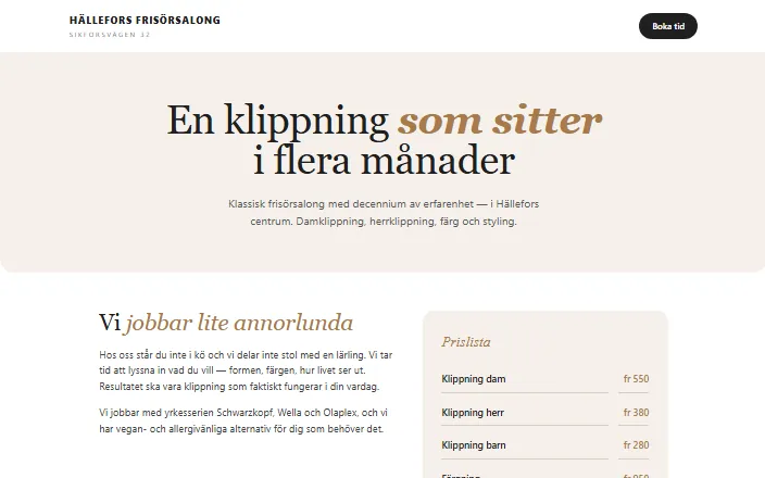 Skärmdump av Hällefors Frisörsalongs hemsida