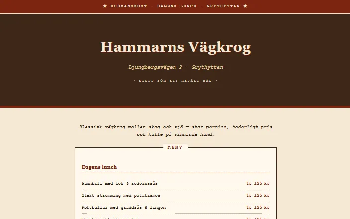 Skärmdump av Hammarns Vägkrogs hemsida