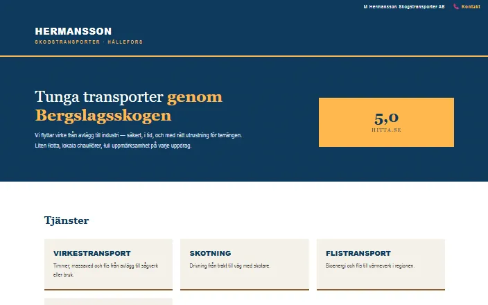 Skärmdump av M Hermansson Skogstransporter ABs hemsida