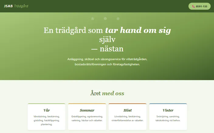Skärmdump av JSAB Trädgårds hemsida