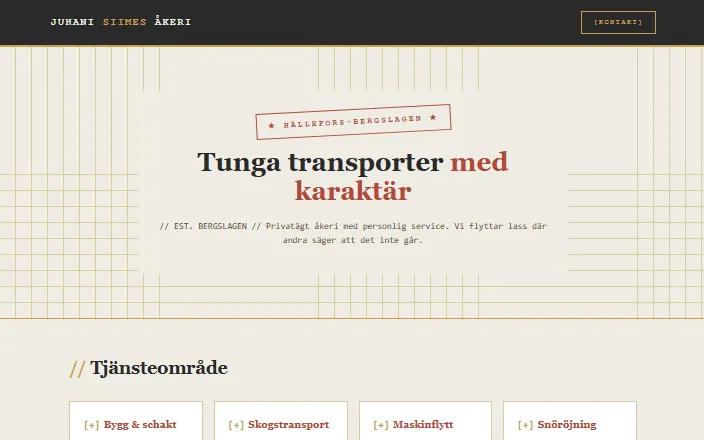 Skärmdump av Juhani Siimes Åkeri ABs hemsida