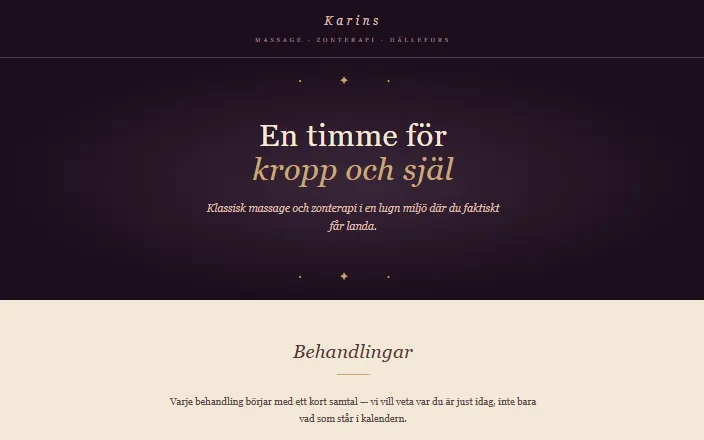 Skärmdump av Karins Massage & Zonterapis hemsida