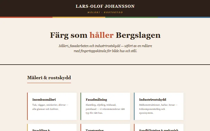 Skärmdump av Lars-Olof Johansson Måleri & Rostskydds hemsida