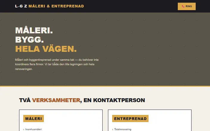 Skärmdump av L-G Z Måleri & Entreprenads hemsida