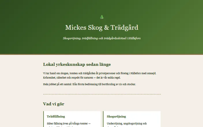 Skärmdump av Mickes Skog & Trädgårds hemsida