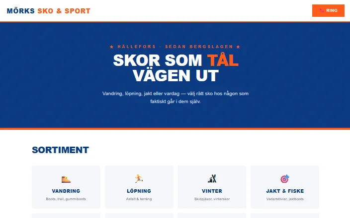 Skärmdump av Mörks Sko & Sports hemsida