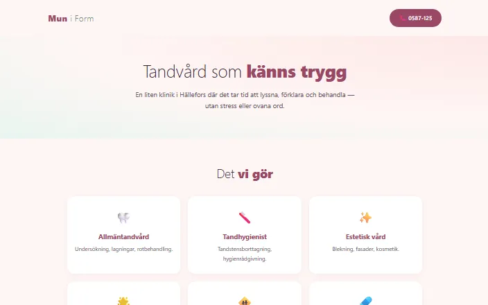 Skärmdump av Mun i Form ABs hemsida