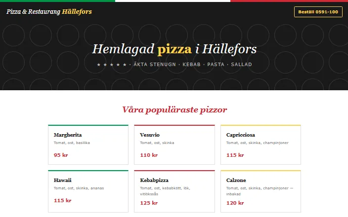 Skärmdump av Pizza & Restaurang i Hälleforss hemsida
