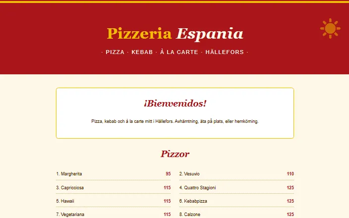 Skärmdump av Pizzeria Espanias hemsida