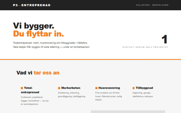 Skärmdump av PS Entreprenad i Hälleforss hemsida