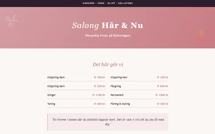 Skärmdump av Salong Hår & Nus hemsida