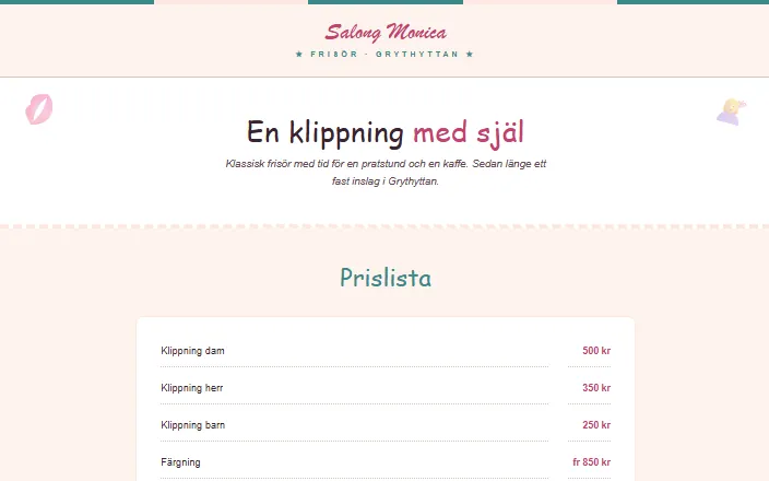 Skärmdump av Salong Monicas hemsida