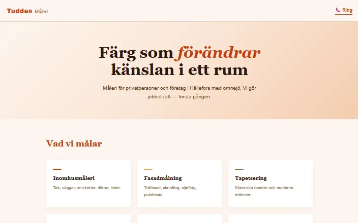 Skärmdump av Tuddes Måleri ABs hemsida