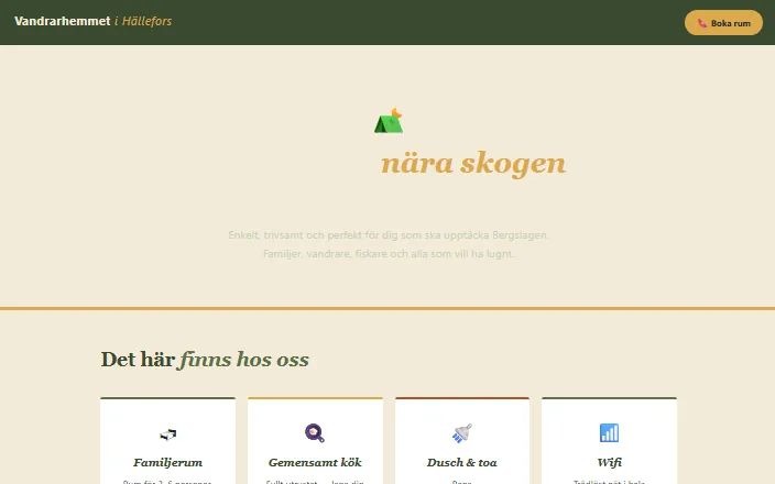 Skärmdump av Vandrarhemmet i Hälleforss hemsida
