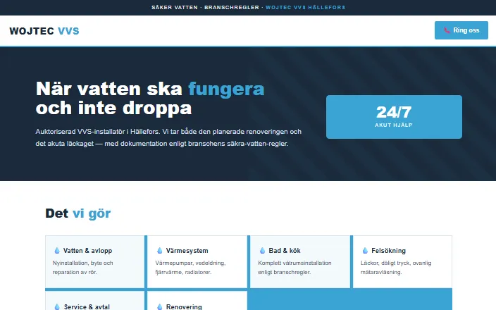 Skärmdump av Wojtec VVSs hemsida