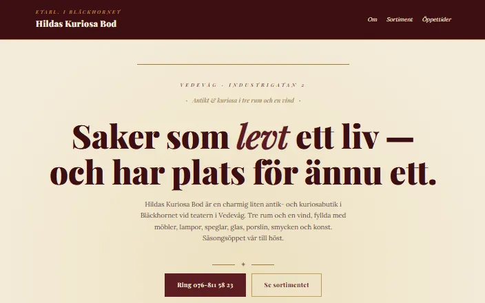 Skärmdump av Hildas Kuriosa Bods hemsida