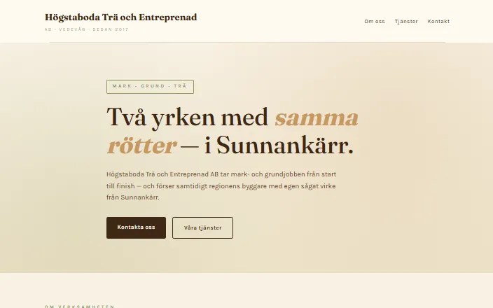 Skärmdump av Högstaboda Trä och Entreprenad ABs hemsida