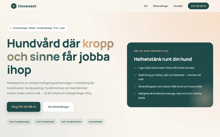 Skärmdump av Howsweet Hundmassage & Rehabs hemsida