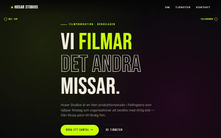 Skärmdump av Husar Studioss hemsida