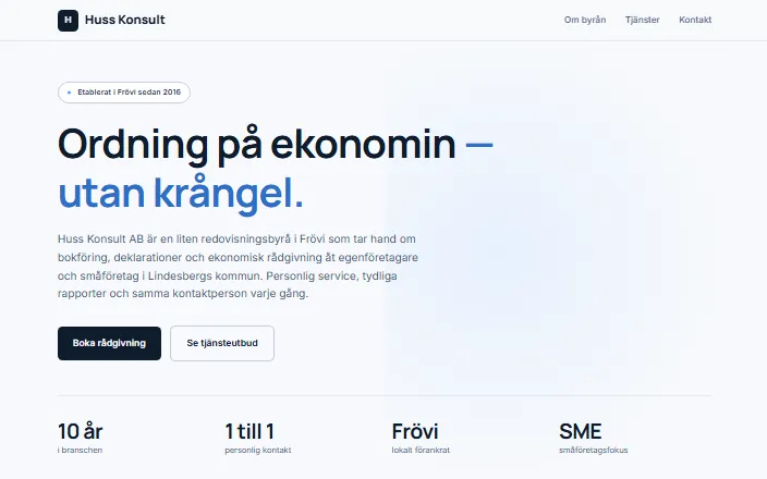 Skärmdump av Huss Konsult ABs hemsida