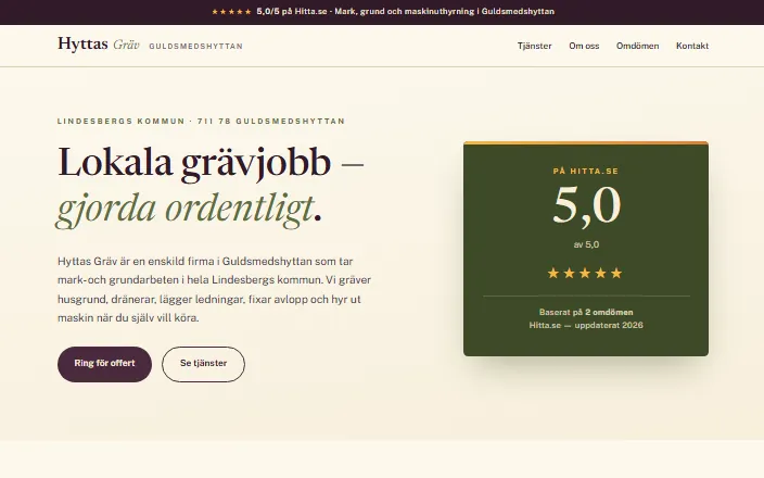 Skärmdump av Hyttas Grävs hemsida
