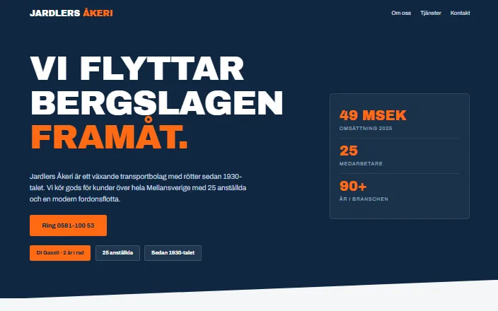Skärmdump av Jardlers Åkeri ABs hemsida