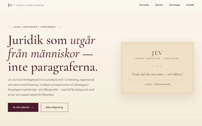 Skärmdump av Jev Jurist & Företagsbyrås hemsida