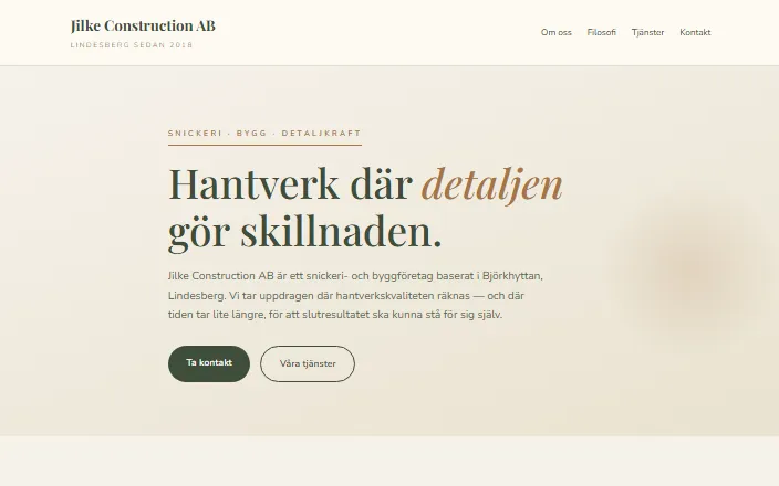 Skärmdump av Jilke Construction ABs hemsida