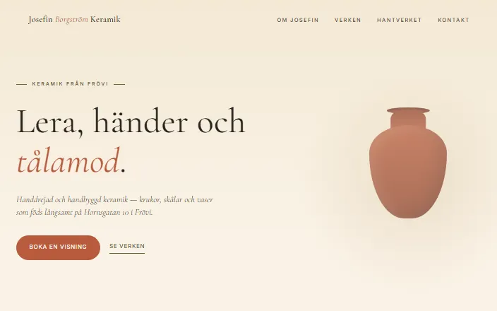 Skärmdump av Josefin Borgström Keramiks hemsida