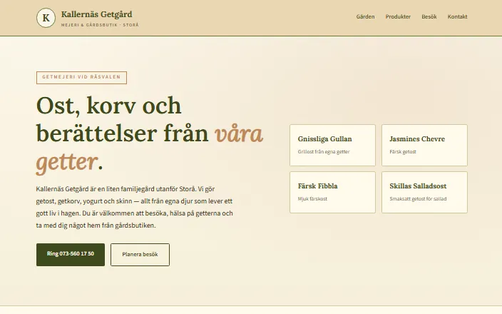 Skärmdump av Kallernäs Getgårds hemsida