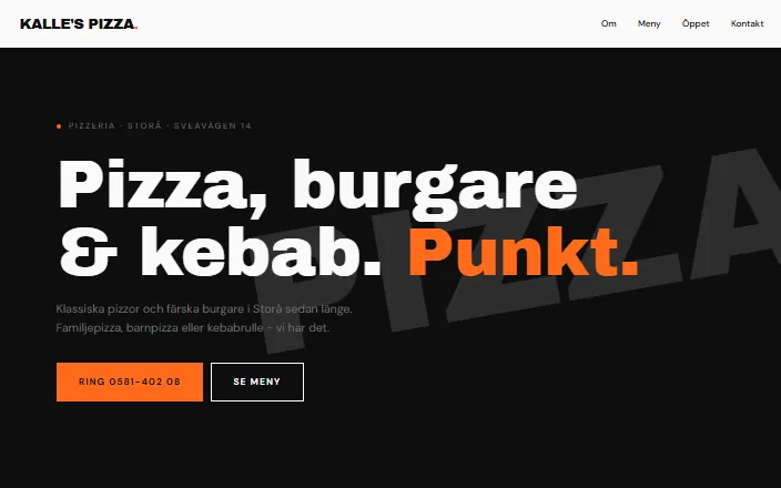 Skärmdump av Kalle's Pizzas hemsida