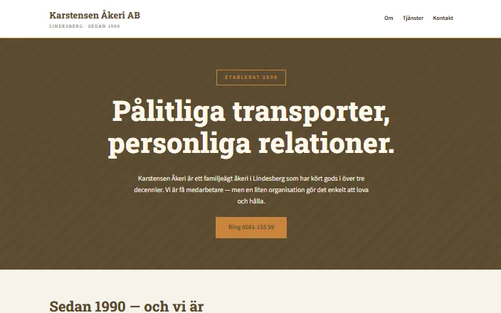 Skärmdump av Karstensen Åkeri ABs hemsida