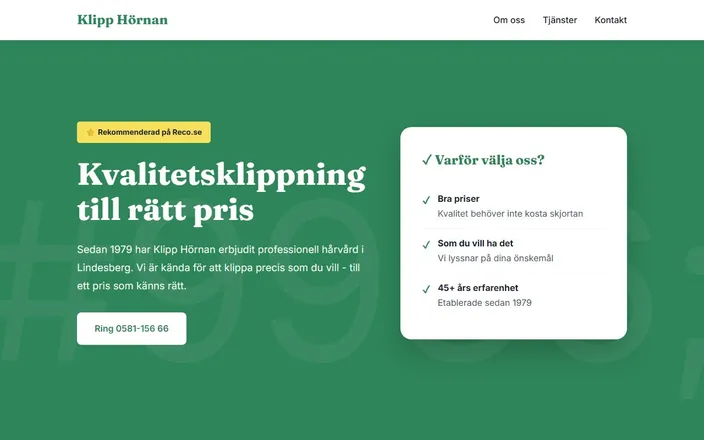 Skärmdump av Klipp Hörnans hemsida