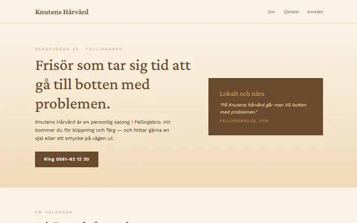 Skärmdump av Knutens Hårvårds hemsida