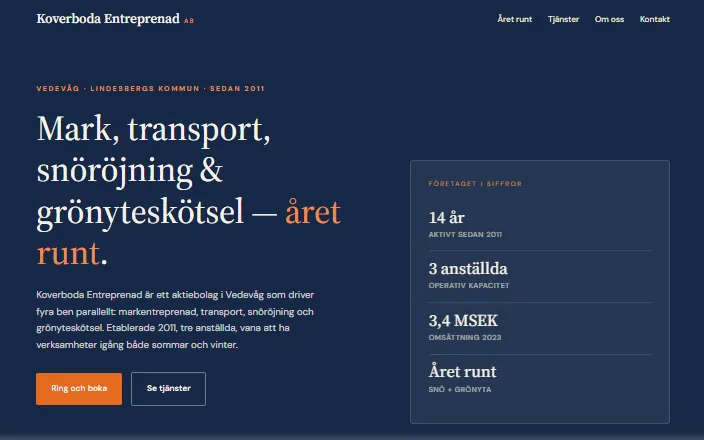 Skärmdump av Koverboda Entreprenad ABs hemsida