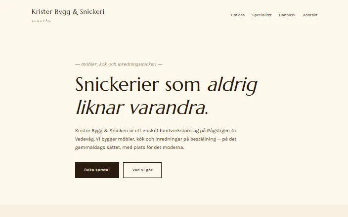 Skärmdump av Krister Bygg & Snickeris hemsida