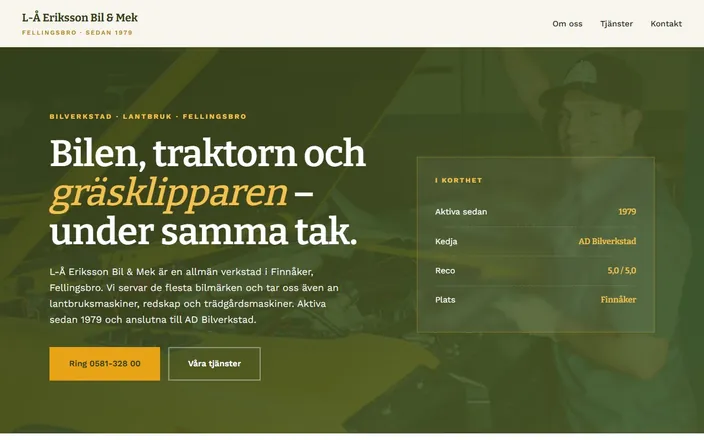 Skärmdump av L-Å Eriksson Bil & Meks hemsida
